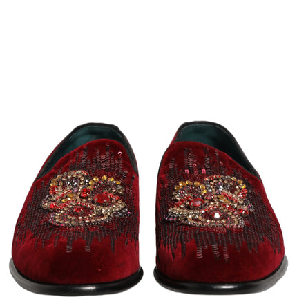 Dolce & Gabbana Maroon Sequin Gemstone Dress Loafers Shoes