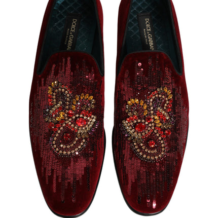 Dolce & Gabbana Maroon Sequin Gemstone Dress Loafers Shoes