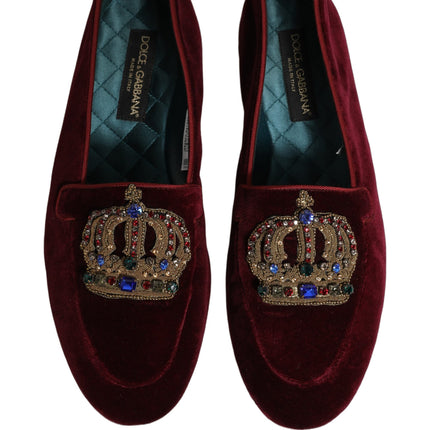 Dolce & Gabbana Burgundy Velvet Crown Slip On Loafers Shoes