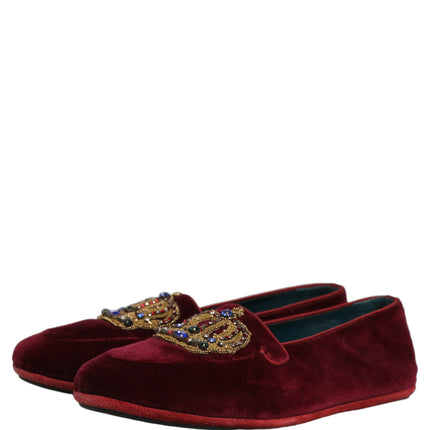 Dolce & Gabbana Burgundy Velvet Crown Slip On Loafers Shoes