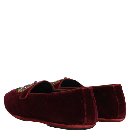 Dolce & Gabbana Burgundy Velvet Crown Slip On Loafers Shoes