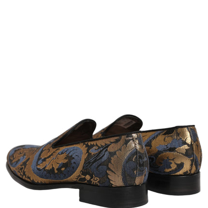 Dolce & Gabbana Blue Brocade Slip On Men Dress Loafers Shoes