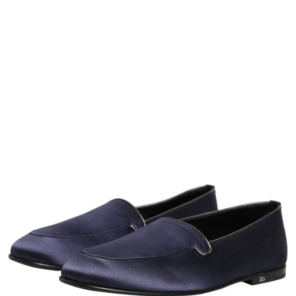 Dolce & Gabbana Blue Satin Logo Slip On Flats Loafers Shoes
