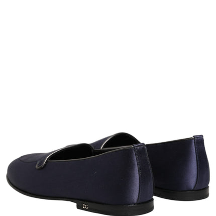 Dolce & Gabbana Blue Satin Logo Slip On Flats Loafers Shoes
