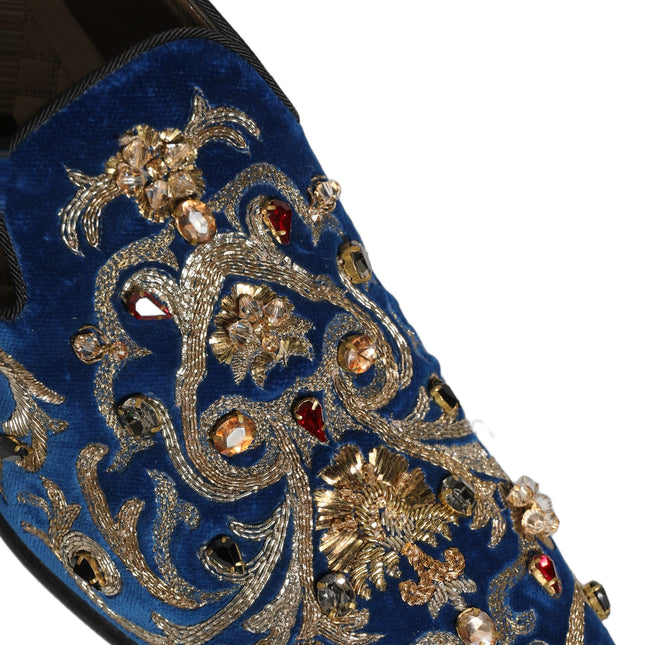Dolce & Gabbana Blue Velvet Embellished Dress Loafers Shoes