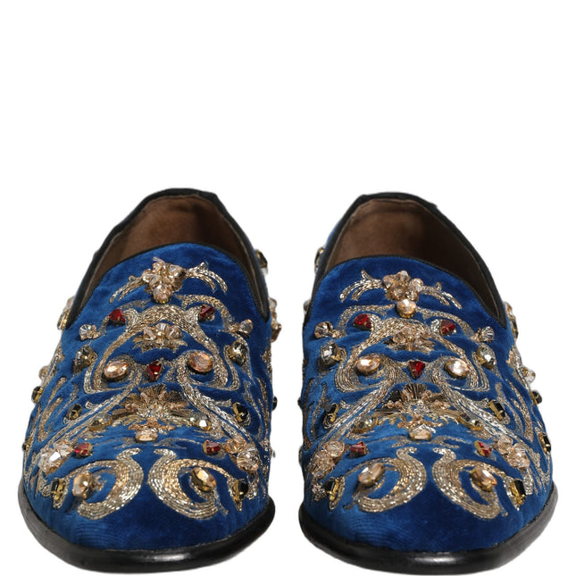 Dolce & Gabbana Blue Velvet Embellished Dress Loafers Shoes
