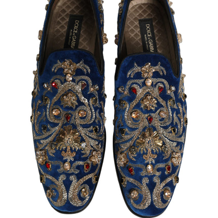 Dolce & Gabbana Blue Velvet Embellished Dress Loafers Shoes