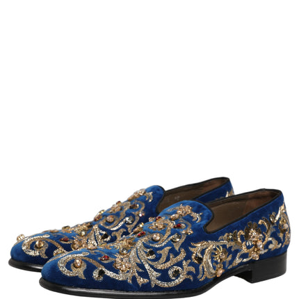 Dolce & Gabbana Blue Velvet Embellished Dress Loafers Shoes
