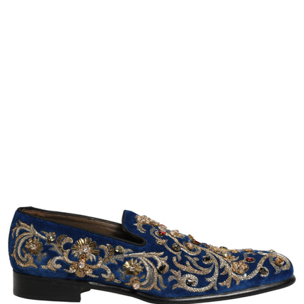 Dolce & Gabbana Blue Velvet Embellished Dress Loafers Shoes
