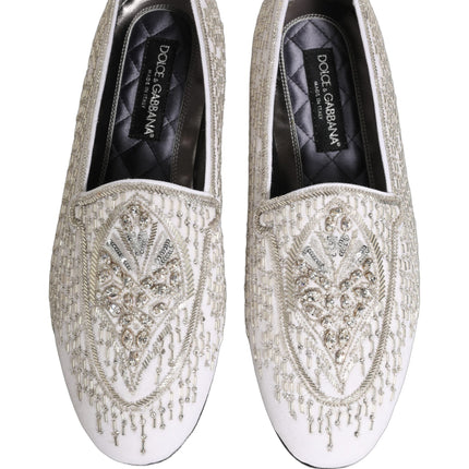Dolce & Gabbana White Satin Embellished Dress Loafers Shoes