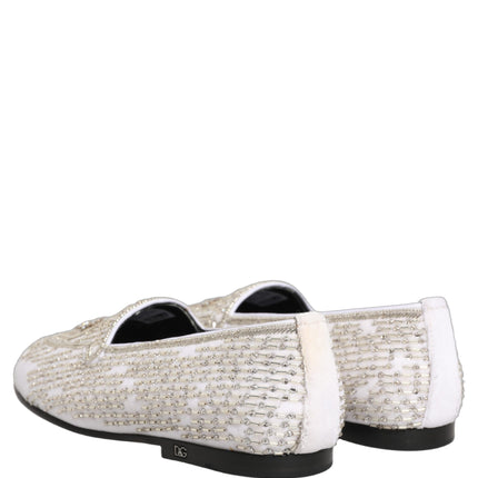 Dolce & Gabbana White Satin Embellished Dress Loafers Shoes