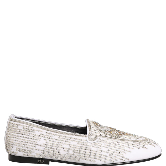 Dolce & Gabbana White Satin Embellished Dress Loafers Shoes