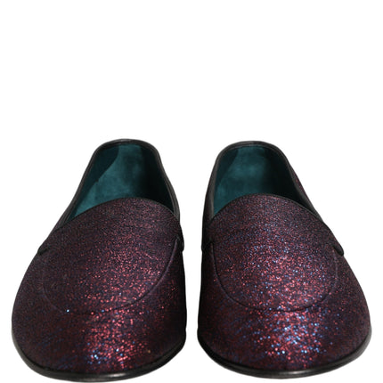 Dolce & Gabbana Maroon Glitter Lurex Logo Dress Loafers Shoes