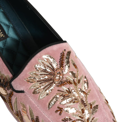 Dolce & Gabbana Pink Velvet Floral Embroidery Loafers Shoes