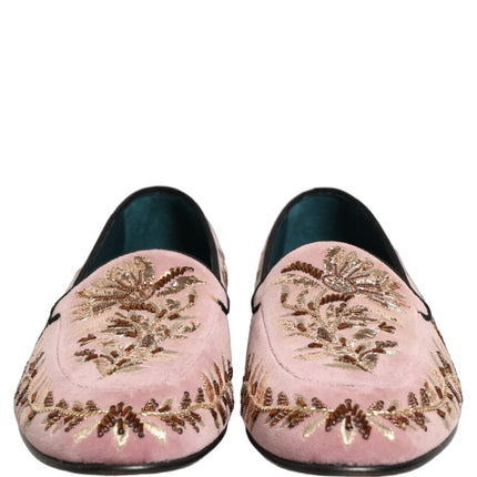Dolce & Gabbana Pink Velvet Floral Embroidery Loafers Shoes
