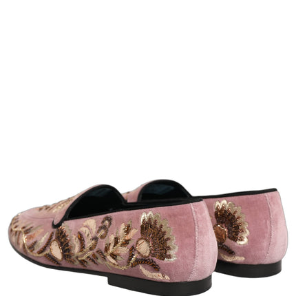 Dolce & Gabbana Pink Velvet Floral Embroidery Loafers Shoes