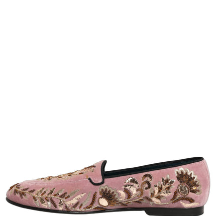 Dolce & Gabbana Pink Velvet Floral Embroidery Loafers Shoes