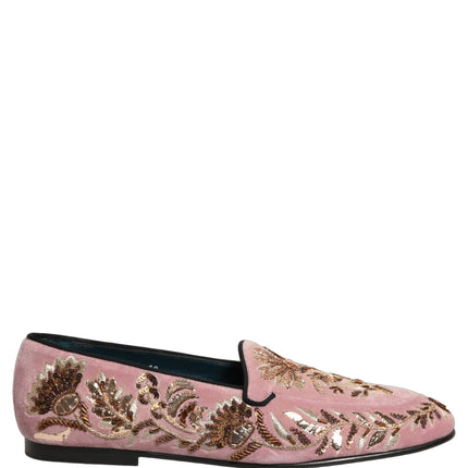 Dolce & Gabbana Pink Velvet Floral Embroidery Loafers Shoes