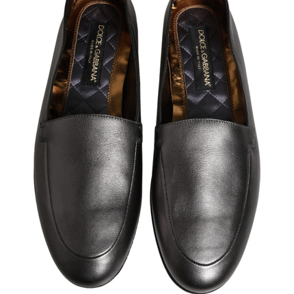 Dolce & Gabbana Silver Leather DG Logo Slip On Loafers Shoes
