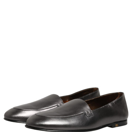 Dolce & Gabbana Silver Leather DG Logo Slip On Loafers Shoes