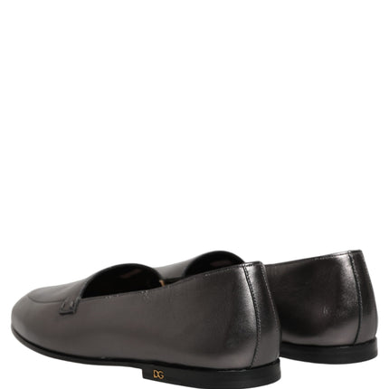 Dolce & Gabbana Silver Leather DG Logo Slip On Loafers Shoes