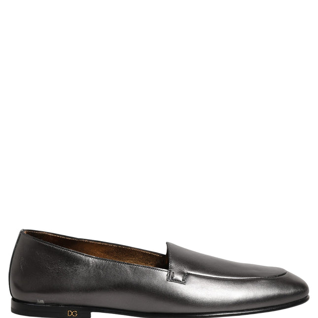 Dolce & Gabbana Silver Leather DG Logo Slip On Loafers Shoes