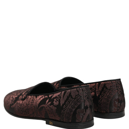 Dolce & Gabbana Maroon Jacquard Leather Slip On Loafers Shoes