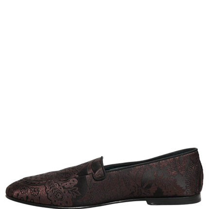 Dolce & Gabbana Maroon Jacquard Leather Slip On Loafers Shoes