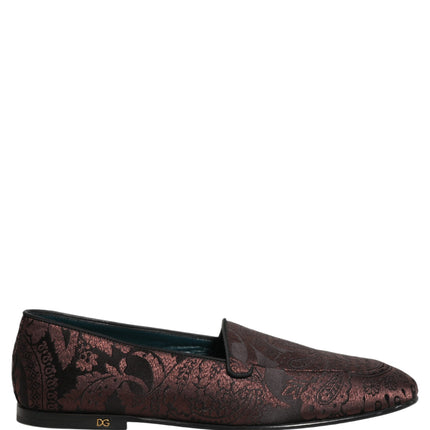 Dolce & Gabbana Maroon Jacquard Leather Slip On Loafers Shoes