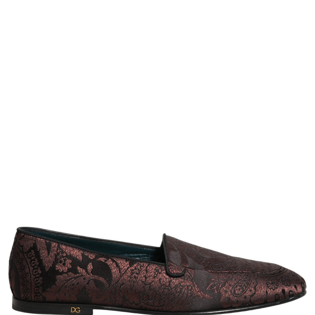 Dolce & Gabbana Maroon Jacquard Leather Slip On Loafers Shoes