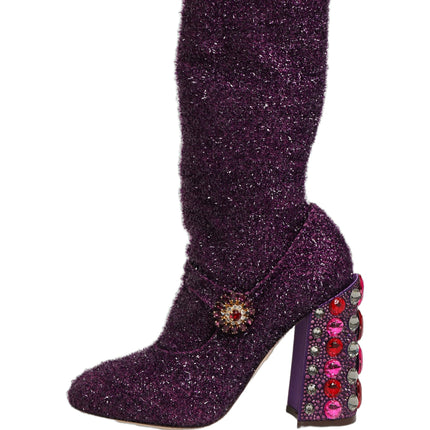 Dolce & Gabbana Purple Crystal Lurex Fantasy High Boots Shoes