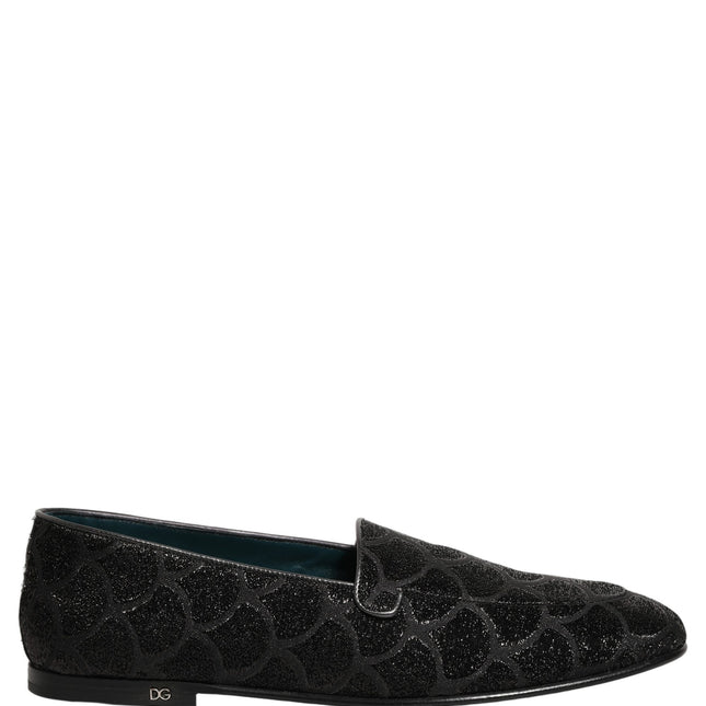 Dolce & Gabbana Black Glitter Brocade Men Dress Loafers Shoes