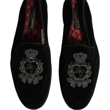 Dolce & Gabbana Black Velvet Crown Embroidery Loafers Shoes