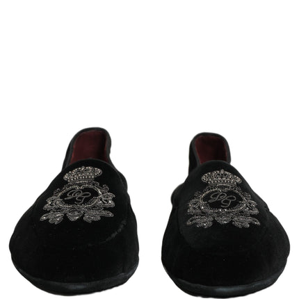 Dolce & Gabbana Black Velvet Crown Embroidery Loafers Shoes