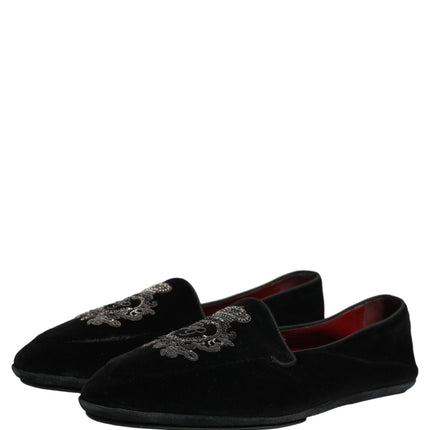Dolce & Gabbana Black Velvet Crown Embroidery Loafers Shoes