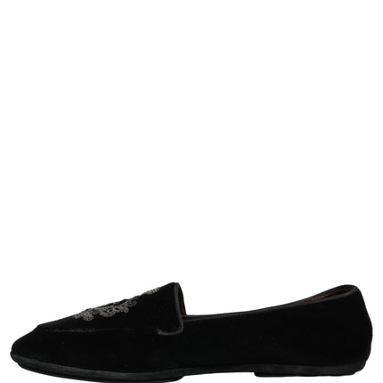 Dolce & Gabbana Black Velvet Crown Embroidery Loafers Shoes