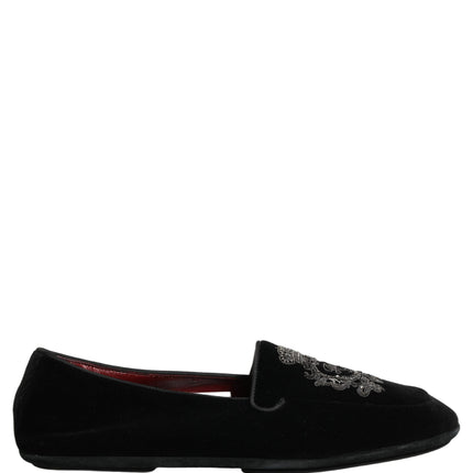 Dolce & Gabbana Black Velvet Crown Embroidery Loafers Shoes
