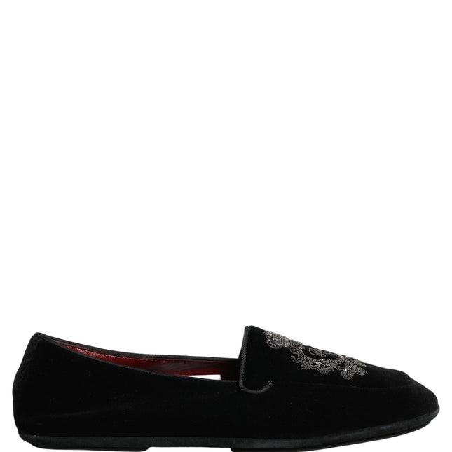 Dolce & Gabbana Black Velvet Crown Embroidery Loafers Shoes