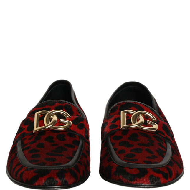 Dolce & Gabbana Red Leopard Print Pony Hair Dress Loafers Shoes