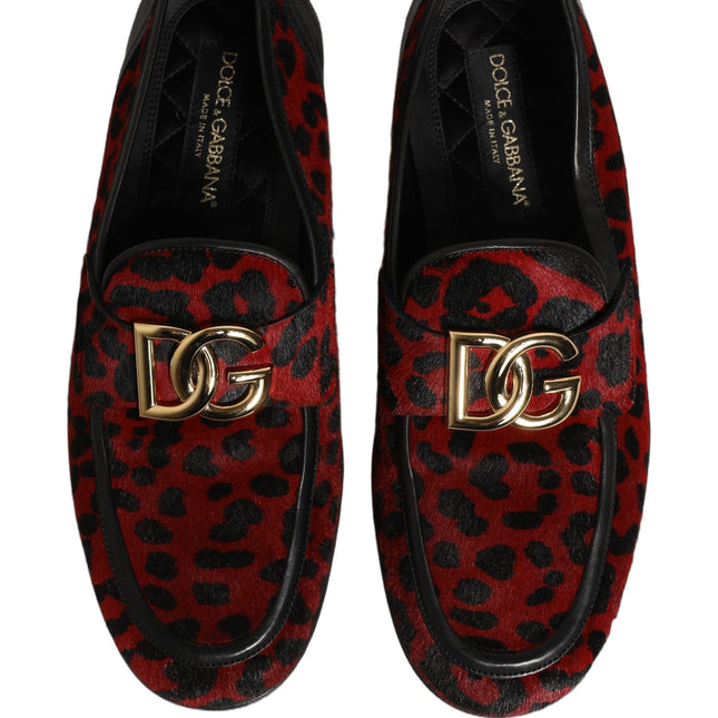 Dolce & Gabbana Red Leopard Print Pony Hair Dress Loafers Shoes