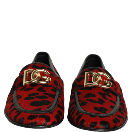 Dolce & Gabbana Red Leopard Print Pony Hair Dress Loafers Shoes