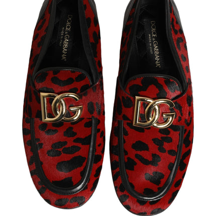 Dolce & Gabbana Red Leopard Print Pony Hair Dress Loafers Shoes