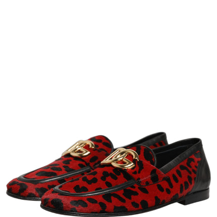 Dolce & Gabbana Red Leopard Print Pony Hair Dress Loafers Shoes