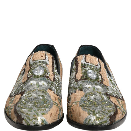 Dolce & Gabbana Beige Sequin Embroidery Dress Loafers Shoes
