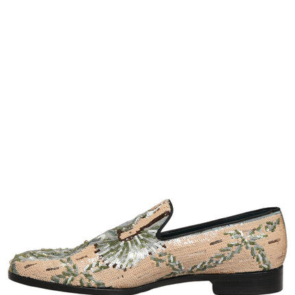 Dolce & Gabbana Beige Sequin Embroidery Dress Loafers Shoes