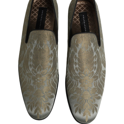 Dolce & Gabbana Gold Floral Jacquard Slip On Loafers Shoes
