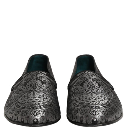 Dolce & Gabbana Silver Jacquard Leather Slip On Loafers Shoes