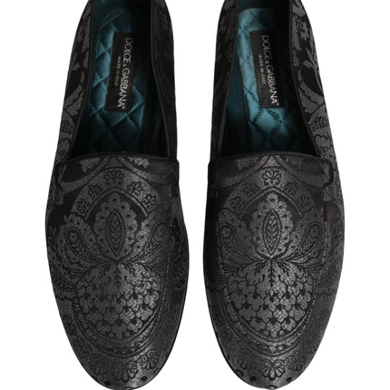 Dolce & Gabbana Silver Jacquard Leather Slip On Loafers Shoes