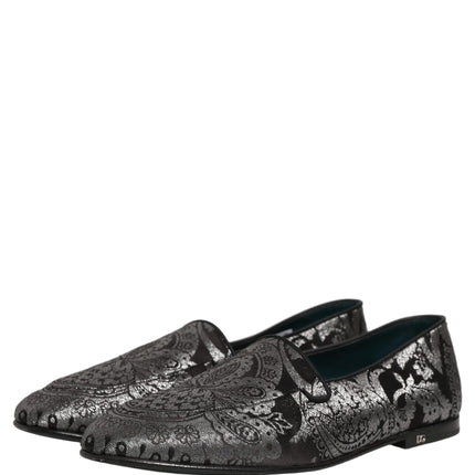 Dolce & Gabbana Silver Jacquard Leather Slip On Loafers Shoes