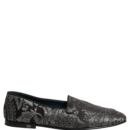 Dolce & Gabbana Silver Jacquard Leather Slip On Loafers Shoes